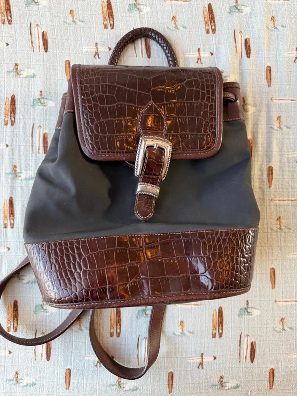 Brighton Brown Croc-Trim Nylon Backpack